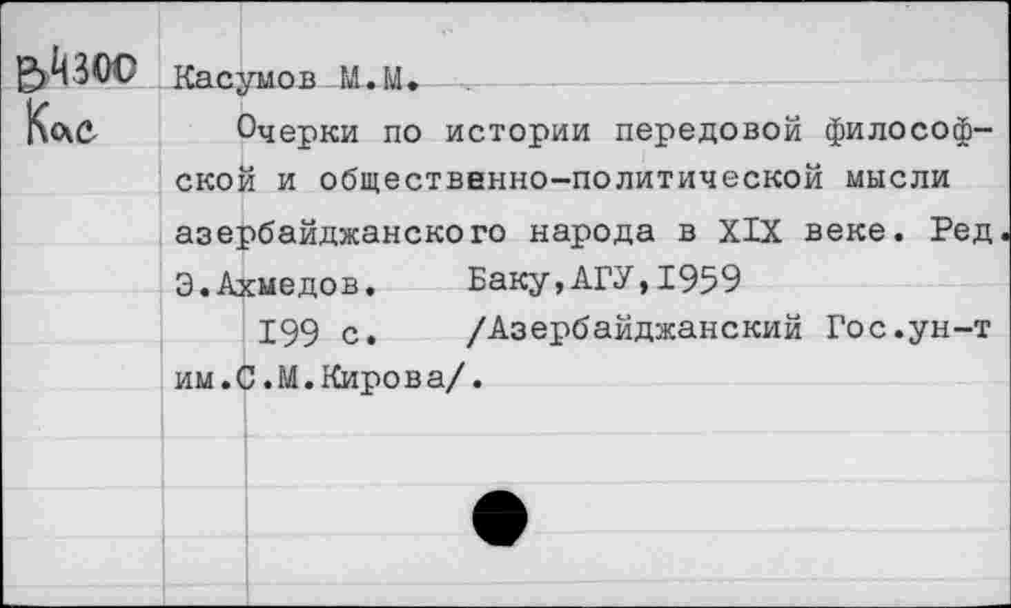 ﻿КокС-
Касумов М.М»
Очерки по истории передовой философской и общественно-политической мысли
азербайджанского народа в XIX веке. Ред
Э.Ахмедов. Баку,АГУ,1959
199 с. /Азербайджанский Гос.ун-т
им.С.М.Кирова/.